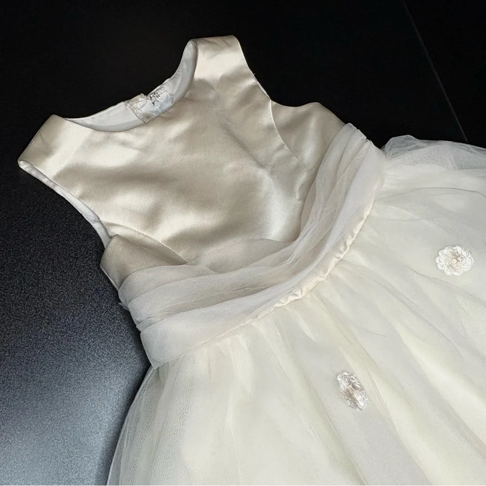 Flower girl communion rum pink Elegant Cream Kids Dress with‎ Bow satin tulle 3 - Picture 2 of 9
